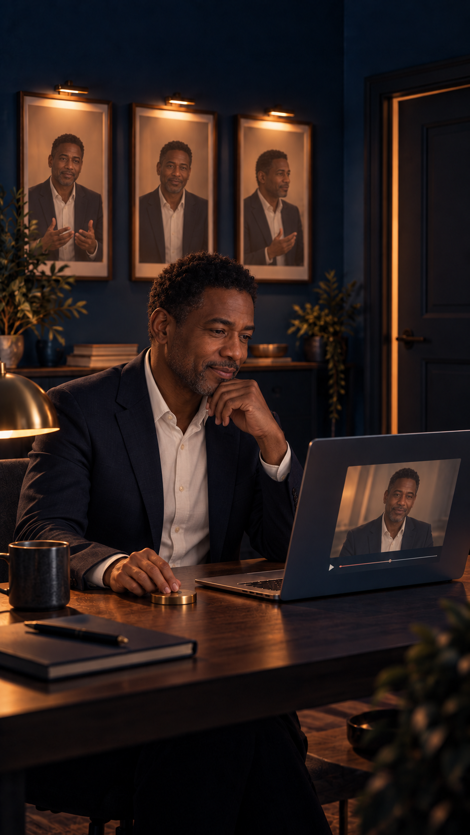 A professional calmly reviewing a recorded introduction beside three illuminated portraits, suggesting three answers kept under his control.